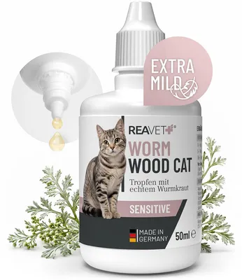 Produktbild von REAVET Wurm-Kraut Tropfen für Katzen – Auch für wählerische Katzen geeignet, mit echtem Wurmkraut (Artemisia Absinthium), von deutschem Futtermittelhersteller | 50 ml