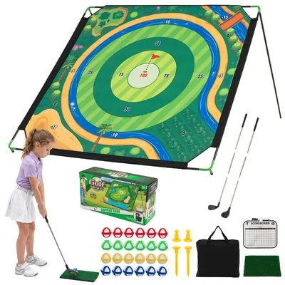 Productafbeelding van COSTWAY Golf Chippen Set, golfchipset met metalen standaard, trainingsmat set met 2 clubs, scorebord, 4 tees, 24 plakballetjes, 181x181 cm