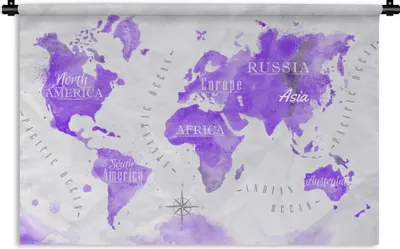 Produktbild von MuchoWow® Wandteppich Wandbehang Weltkarte - Ölfarbe - Violett 90x60 cm Tapisserie Dekoration Wandtuch - Wandskulpturen - Bildteppich