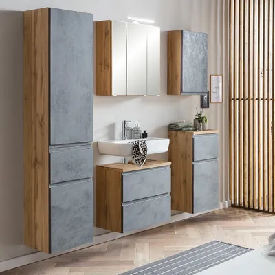 Produktbild von Badezimmer Möbel Set, stehend oder hängend, in Wotan Eiche Nb. mit Beton Optik, VASTO-03-CONCRETE, B/H/T ca. 170/200/35 cm
