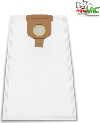 A vacuum cleaner bag with a logo in the top right corner.