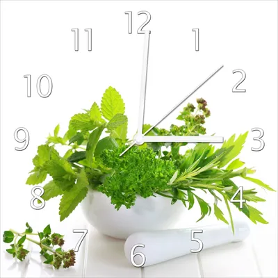 Produktbild von Wallario Design Wanduhr Welt der Kräuter - verschiedene Kräuter in einem weißen Mörser aus Echtglas, Größe 30 x 30 cm