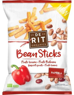 Produktbild von De Rit Bean Sticks Paprika, 75 g, Paprika, Pinto-Bohnenmehl (33%), Tapioka-Stärke, Sonnenblumenöl, Kartoffelstärke, Paprika-..., 505 kcal, 2111 kJ, 27 g