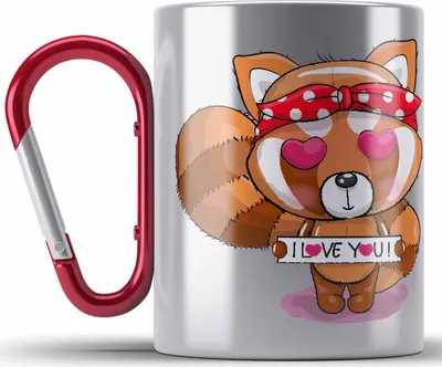 Produktbild von Trendation - Süßer Roter Panda Edelstahl Tasse Karabiner Musik Kinder Geschenkidee für Jungs Mädchen Lustige Grafik I Love You (Rot)