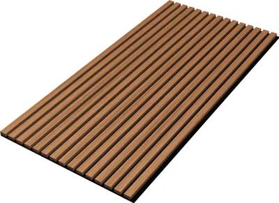 A panel of wooden slats with a teak finish, presented on a white background.