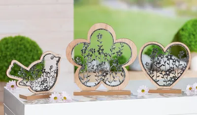 Produktbild von Gilde Standrelief, Blume, Herz, Vogel, "Safi", Kunststoff, MDF, naturfarben, L. 4.5 cm, B. 20 cm, H. 20 cm 51692 4063387516928 3 Stück (3-fach sortiert)