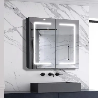 Produktbild von AICA LED Spiegelschrank 80x70cm Hochglanz Schwarz Touch/Wandschalter Beschlagfrei 3 Lichfarbe Dimmbar Spiegelschrank mit Steckdose