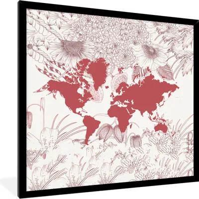 Produktbild von MuchoWow® MuchoWow® Gerahmtes Poster Weltkarte - Blume - Rosa 40x40 cm - Poster mit zchwarzem Bilderrahmen - Mit Rahmen - Wanddekoration Schlafzimmer
