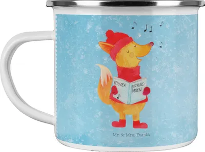 Produktbild von Mr. & Mrs. Panda Emaille Tasse Fuchs Sänger - Eisblau - Geschenk, Weihnachten, Heiligabend, Pott, becher, Weihnachtslieder, Singen, wandertasse, Winter, Teetasse