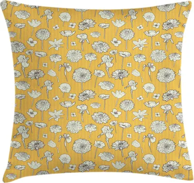 Produktbild von ABAKUHAUS Jahrgang Kissenbezug, Umrisszeichnung Stil Detaillierte Frühlings-Wiese Blumen auf Streifen, 50 x 50 cm, Blasses Orange Taupe