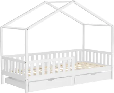 Obrázek produktu pro ML-Design dětská postel domeček postel 90x200 cm bílá se 2 zásuvkami dřevěná postel s roštovým rámem a střechou proti vypadnutí, postel na hraní z borovicového dřeva, podlahová postel