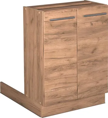 A kitchen base cabinet with two doors and silver handles, shown from a slightly angled front view.
