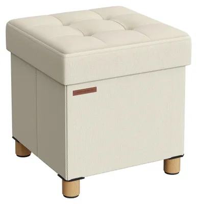 Obrázek produktu pro Stolek s úložným prostorem - odkládací stolek - polstrování - dřevěné nohy - konstrukce z MDF - rozměry 38x38x40 cm - krémově bílá barva