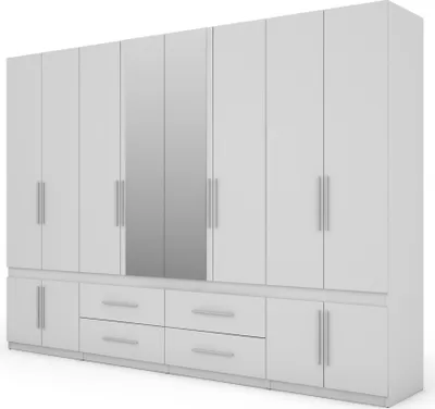 Zdjęcie produktu dla Meblast | Szafa 320x230 cm z 2 lustrami - Biały - Szafa z półkami, szufladami i drążkiem na ubrania | Minimalistyczny design