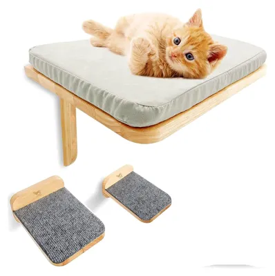 Produktbild von Kletterwand Set für Katzen aus Holz, Katzenhängematte und 2 Katzentreppen für die Wand, Massivholz Katzenmöbel mit einer Tragfähigkeit von bis zu 13 kg