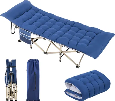 Produktbild von Yaheetech Feldbett mit Matratze Campingbett klappbar Gästebett mit Tragetasche Seitentasche Gartenliege bis 150 kg Belastbar, Blau Matratze+Blau Bett