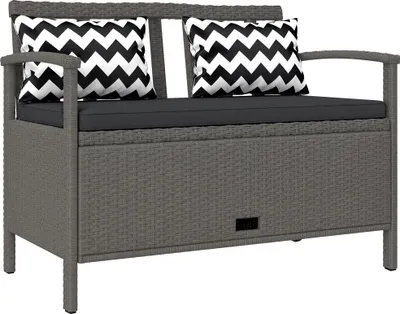 Image de Outsunny Banc extšŠrieur jardin 2 places, banc de rangement 160L en rotin PE, avec coussin, 2 oreillers, cadre en acier, 112 cm, gris
