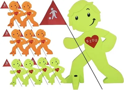 Produktbild von Warnfigur mit Fahne, reflektierender Warnaufsteller für Kindersicherheit - Achtung langsam Fahren - Vorsicht spielende Kinder - Schild Autofahrer Warn
