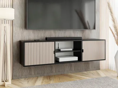 Produktbild von KierMoebel Tv Schrank ELI 3, Modern Lowboard Kaschmir & Schwarz Geriffelt  156,4x42x38,8 cm