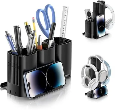 Image de Porte-crayons et porte-écouteurs, organiseur 2 en 1, noir, compact, pour l'école et le télétravail