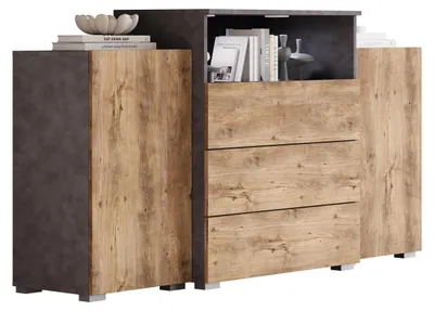 Produktbild von MIRJAN24 Kommode Urban III, Stilvoll Highboard, Modern Wohnzimmer Sideboard (Matera / Kastanien Breslau, mit LED-Beleuchtung)