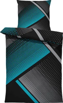 A folded duvet cover and pillowcase with a geometric, pixelated pattern in teal, gray, and black.