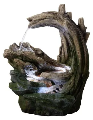 Gartenteichbrunnen 82 cm, Fels-Holzoptik, LED-Licht, grau