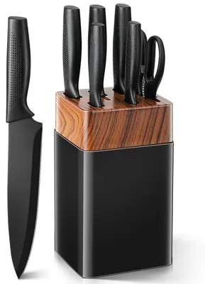 Image de Bloc à couteaux VINATO, ensemble de 7 couteaux avec aiguiseur, noir