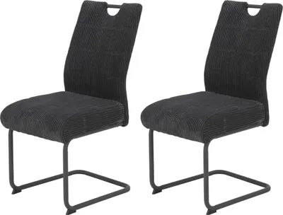 Two dark gray corduroy chairs with black metal frames are shown against a white background.