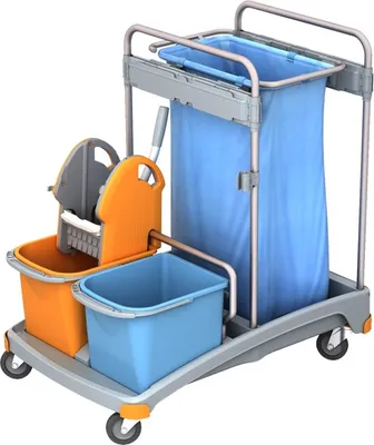 Produktbild von CleanSV® Reinigungswagen Kunststoff, mit Moppresse, Abfallsackhalter, 2 Eimern 20 Liter