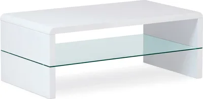 A white coffee table with a glass shelf.