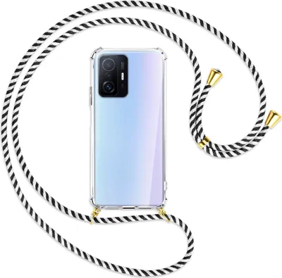 Produktbild von Handykette Backcover-Schutzhülle mit Band (Metall goldfarben) für Xiaomi Mi 11T - schwarz/weiß gestreift