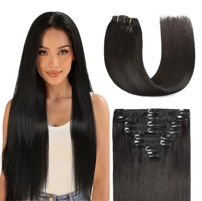 Obrázek produktu pro Clip-in prodlužovací vlasy, přírodní vlasy, černá barva, 50 cm, 120 g, 8 kusů