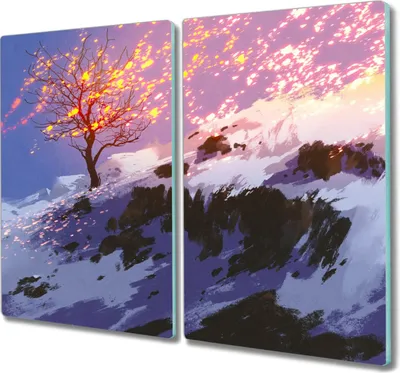 Produktbild von Coloray Hackbrett Kochplattenabdeckung Herdabdeckplatte 2x30x52 cm Schneidebrett Küchenbrett - Berg Baum Winter Schnee