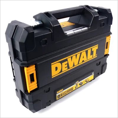 A black and yellow DeWalt tool case is shown from a diagonal angle against a white background.