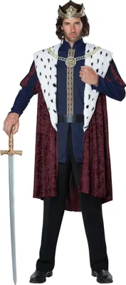 A man dressed as a king, holding a sword.