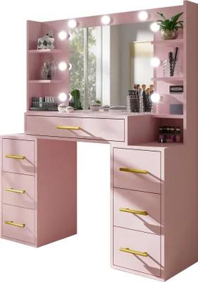 Zdjęcie produktu dla BETTSO Design stolik do makijażu STAR - Stolik kosmetyczny ze złotymi uchwytami, lustrem i oświetleniem w kolorze różowym