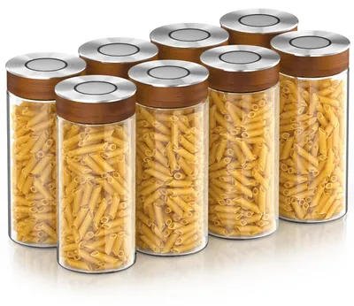 Productafbeelding van Arendo voorraadpotten, set van 8, elk 1300 ml, gemaakt van borosilicaatglas met een luchtdichte vacuüm-klikdeksel. RVS-deksel met siliconenafdichting. Voorraadcontainers, 8 stuks, transparant