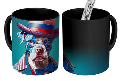 Obrázok produktu pre MuchoWow® Magický hrnček Magický pes - Klobúk - Bunda - Kvety - Modrý 350 ml hrnček Zmena farby Nápad na darček - Magický hrnček - Foto hrnček - Keramické hrnčeky - Obrázky - Šálka kávy - Hrnček na pitie - Hrnček na kávu