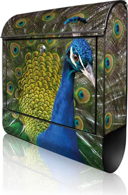 Produktbild von banjado Design Briefkasten Stahl schwarz mit Zeitungsfach pulverbeschichtet "Pfau" 38x46x12,5cm & 2 Schlüssel - Postkasten A4 Einwurf inkl. Montagematerial [BKSCH 10500]