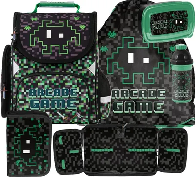 Produktbild von PIXEL Schulranzen Set 5in1 Ranzen rucksack Federmäppchen Turnbeutel ARCADE GAME
