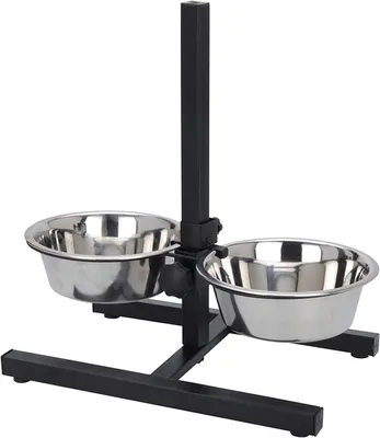 Produktbild von Pets Collection Futterstation, 2x 1.8 L, höhenverstellbar, für mittlere und große Hunde, rutschfest, spülmaschinenfest, Edelstahl & Metall, Silber/Schwarz, Ständermaße: 46x40x27 cm, Napfmaße: Ø 19 cm H 7 cm