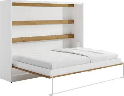 Produktbild von Schrankbett - 140 x 200 cm - Manuelle horizontale Öffnung - Mit LED-Beleuchtung - Weiß & Holzfarben - RAPILI