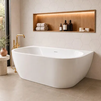 Produktbild von Badplaats Halb Freistehende Badewanne Hanoi 170 x 80 x 58 cm Weiß Hochglanz - Standbadewanne aus Acryl mit Mit Überlauf und Abflussstopfen