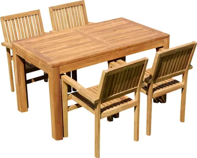 Produktbild von ASS Teak Set Gartengarnitur Gartenset Sitzgruppe Gartentisch Bigfuss 140x80 cm mit 4 Stapelsessel Miami aus Teakholz Gartenmöbelset Esstischgruppe Sessel stapelbar