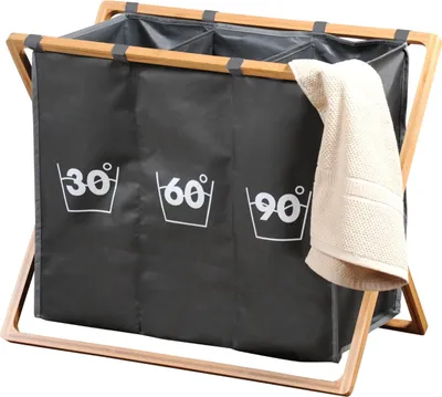 Produktbild von KESPER Wäschesammler mit dreifacher Einteilung, Trio, grau mit Bambusrahmen 69 x 38x 57 cm 19597