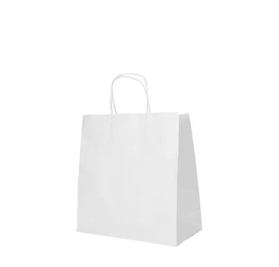 Zdjęcie produktu dla 300 papierowych torebek transportowych Papstar o wymiarach 25 cm x 26 cm x 17 cm w kolorze białym ze skręcanym uchwytem 88846