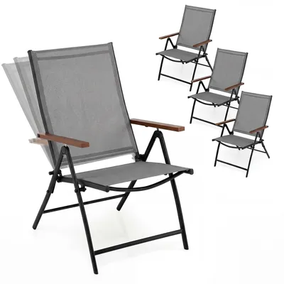 Immagine prodotto di Set di 4 sedie pieghevoli per giardino, con schienale alto, regolabili in 5 posizioni e con braccioli, ideali per balcone, terrazzo o giardino. Realizzate in tessuto traspirante Teslin, resistenti fino a 150 kg. Non richiedono assemblaggio
