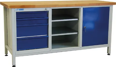 Produktbild von Werkbank Giant Rhino mit 4 Schubladen + Regalfach + 1 Tür | HxBxT 84x170x60cm | Traglast 500kg | Lichtgrau/Lichtblau