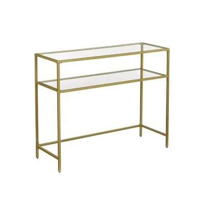 Imagen del producto de Mesa consola In and OutdoorMatch, diseño Kirsten: 2 niveles, cristal templado, estante de almacenamiento, estructura de metal, patas ajustables, color dorado